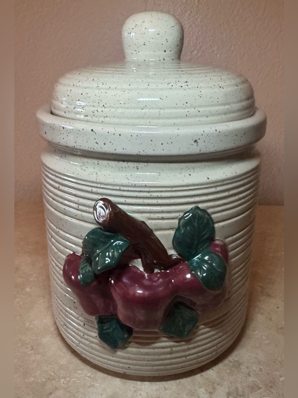 Ceramic Apple Canister with Green Leaves - Home Art